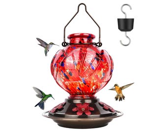 Hand Blown Glass Hummingbird Feeder Gift, Unique Humming Bird Feeder For Outdoors, 22 oz 5 Feeding Ports Red Hummingbird Feeders Bee Proof