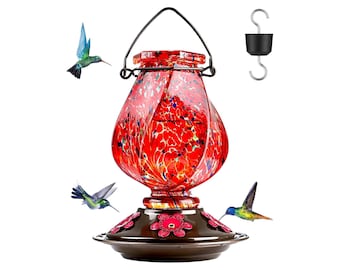 Hand Blown Glass Hummingbird Feeder, Red Hummingbird Feeders for Outdoors Hanging, Unique Circular Perch 5 Flowers Feeding Ports Large 22 oz
