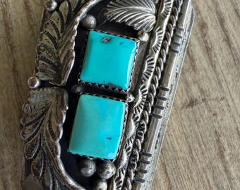 Vintage Sterling Silver Native American Turquoise Bolo Tie on Black Cord
