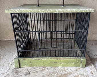 Cage à oiseaux carrée en bois vert vintage