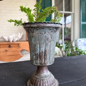 Vintage Hand Hammered Tinned Copper Urn Vase Fleur de Lis Scalloped Pedestal Chalice Goblet Planter Distressed Mixed Metal Patina Boho Decor