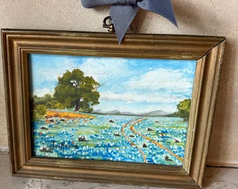Origineel olieverfschilderij Bluebonnets ondertekend ingelijst klein met hanger