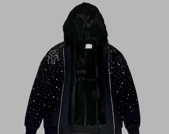 Handgemaakte hoodie met strassteentjes (met bontvoering): Galaxy Zip-Up Diamonds Luxe hoodie