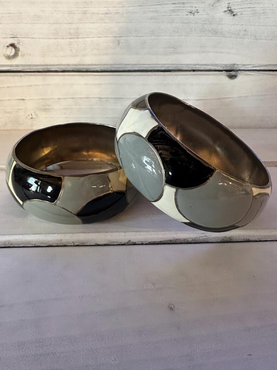 Chunky Metal Bangle Bracelets Featuring Enamaled … - image 1
