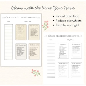 May include: A printable housekeeping planner with the text "Clean with the Time You Have" and "Grace-Filled Housekeeping." The planner includes sections for 5, 10-15, 20-30, and 45-60 minute tasks. Features include instant download and flexible design.