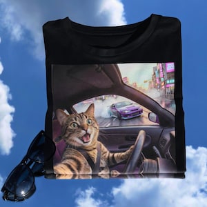 Camiseta divertida de Drift Cat, meme de carreras callejeras JDM, camiseta gráfica estilo Tokio