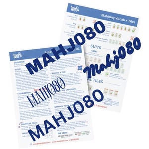 May include: Two white rectangular cards with blue borders, featuring text and illustrations related to Mahjong. One card is titled "American Mahjong 101" and the other "Mahjong Vocab + Tiles." The cards are partially obscured by the watermark "MAHJ080".
