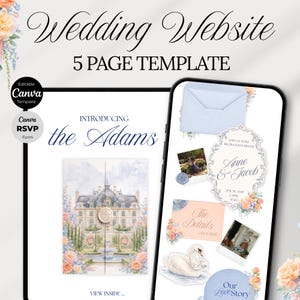 May include: A digital wedding website template displayed on a tablet and a laptop. The website design features a light blue and floral theme, with the text "Wedding Website" and "5 PAGE TEMPLATE". The template includes the text "Introducing the Adams".