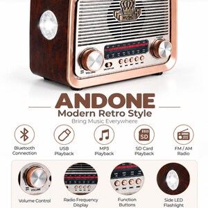 Vintage Retro Bluetooth Radio with Led flashing, Portable Rechargeable Fm Am Radio, USB MP3 SD Card Music Player