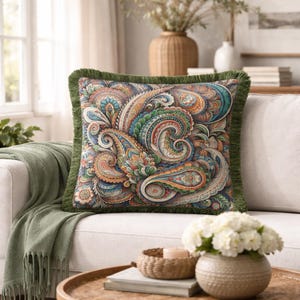 Peut inclure: Coussin décoratif carré avec un motif cachemire coloré dans des tons de bleu, orange et vert. Le coussin a une bordure à franges vertes et est posé sur un canapé blanc. Le coussin mesure environ 45 cm de côté.