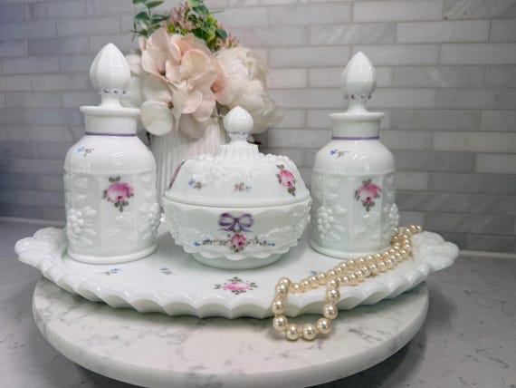 Vintage Westmoreland Milk Glass Vanity Set, Paneled Grape Perfume Bottles, Powder Jar