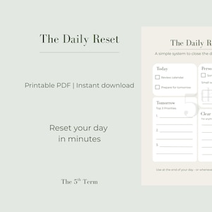 Daily Reset Printable Planner | Evening Reset Checklist | Minimal Daily Planning Template | Printable Life Admin Planner