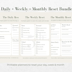 May include: A printable planner bundle with sections for daily, weekly, and monthly resets. The design includes checklists for tasks like reviewing calendars, meal planning, and setting priorities. The text reads "Daily + Weekly + Monthly Reset Bundle."