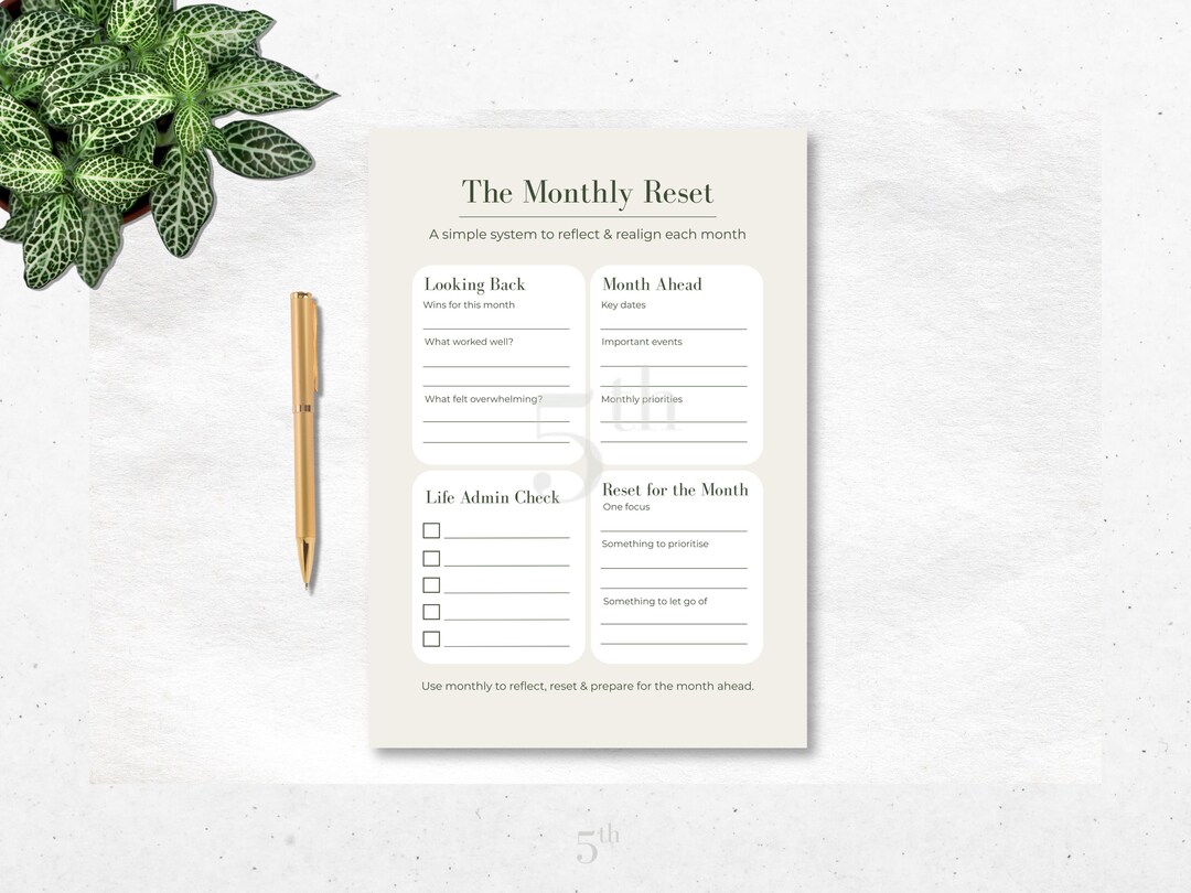 Minimal Monthly Reset Planner Printable | Monthly Reflection & Planning ...