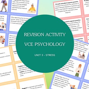Peut inclure: Une affiche pédagogique turquoise avec le texte "Revision Activity VCE Psychology Unit 3 - Stress". L'affiche comprend plusieurs petites cartes avec du texte et des illustrations sur la psychologie et la gestion du stress.