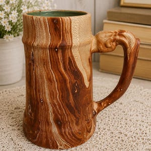 May include: A ceramic mug featuring a brown and tan faux wood grain pattern with a smooth, glossy finish. The mug has a cylindrical body and a curved, sculpted handle. The interior of the mug is glazed in a solid, muted green color.
