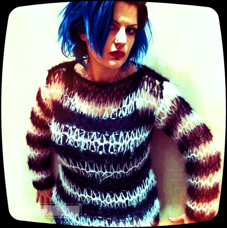 Hand knit black & white PuNK MOHAiR SWeATER jUMPER holey | Etsy