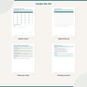 Puede incluir: Un kit digital que contiene cuatro páginas blancas con encabezados y texto en color verde azulado oscuro. Las páginas se titulan Pipeline board, Lead & opportunity log, Scripts: soft nudge, firm nudge, close-the-loop y Ghosting recovery mode.