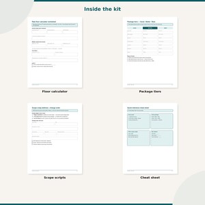 Könnte beinhalten: Ein digitales Set mit vier weißen Arbeitsblättern mit dunkel-türkisfarbenen Kopfzeilen und Rändern. Die Seiten sind betitelt mit Rate floor calculator worksheet, Package tiers, Scope creep defense & change order und Quick-reference cheat sheet.