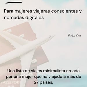 May include: Image shows the text "Checklist Viajera" and other Spanish text. A white airplane model rests on a passport, with a soft blue and white background. The text describes a minimalist travel list.