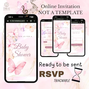 Può includere: Tre smartphone mostrano un invito digitale per un baby shower. L'invito presenta un tema di farfalle rosa e bianche con il testo "Baby Shower" e "RSVP". L'immagine include anche il testo "Online Invitation NOT A TEMPLATE" e "Ready to be sent".