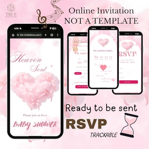 Può includere: Invito digitale per baby shower visualizzato su smartphone. Il design presenta un cuore rosa, elementi floreali e il testo "Heaven Sent" e "Baby Shower". L'invito è pronto per essere inviato e tracciabile.