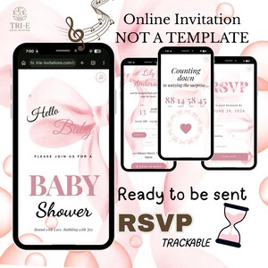 Può includere: Invito digitale per baby shower visualizzato su smartphone. Il design presenta accenti rosa, un fiocco e le parole "Hello Baby" e "Baby Shower". Schermi aggiuntivi mostrano i dettagli RSVP e i timer per il conto alla rovescia.