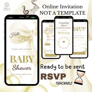 Può includere: Invito digitale per baby shower visualizzato su smartphone. Il design presenta una palette di colori tenui e neutri con caratteri eleganti ed elementi decorativi. L'invito include i dettagli RSVP e il testo "Online Invitation NOT A TEMPLATE."