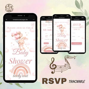 Puede incluir: Un teléfono móvil muestra una invitación a un baby shower con un conejito sosteniendo globos. La invitación presenta un esquema de color rosa y melocotón con el texto "Baby Shower" y "bearly wait". Teléfonos adicionales muestran detalles de RSVP.