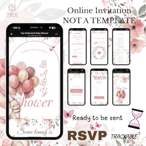 Invito digitale per baby shower a tema coniglietto e palloncini, disponibile in 7 lingue (servizio di creazione di pagine web)