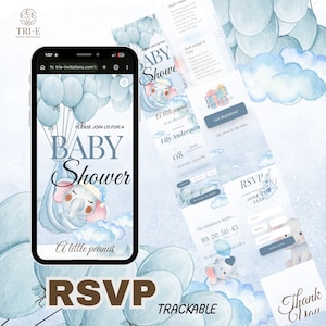 Può includere: Uno smartphone mostra un invito a un baby shower con un design di elefante ad acquerello, palloncini blu e la scritta "Baby Shower". Schermate aggiuntive mostrano i dettagli RSVP e della lista dei regali. L'invito include il testo "A little peanut is on the way."