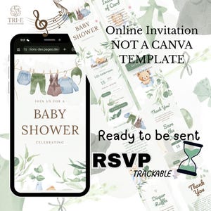 Può includere: Un invito digitale per baby shower visualizzato su uno schermo di smartphone, con illustrazioni ad acquerello di vestiti per neonati su un filo da bucato, fogliame verde e il testo JOIN US FOR A BABY SHOWER. Include sezioni per RSVP e dettagli.
