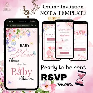 Digitale uitnodiging voor een babyshower, live website (geen Canva) | Gratis proefversie | Thema 'Baby in Bloom', inclusief RSVP-tracking