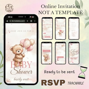 May include: A mobile phone displays a baby shower invitation with a teddy bear holding balloons. The invitation includes the text "Baby Shower" and "bearly wait." Additional phone screens show RSVP and thank you pages. Text reads "Online Invitation NOT A TEMPLATE."