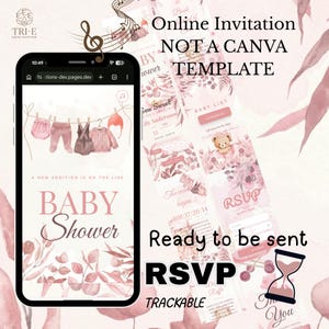 Può includere: Uno smartphone mostra un invito digitale per baby shower con accenti floreali rosa e vestiti da neonato appesi a un filo. Il testo sullo schermo recita A NEW ADDITION IS ON THE LINE BABY Shower. L'immagine include il testo Online Invitation NOT A CANVA TEMPLATE.