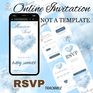 Può includere: Design di invito digitale per baby shower con un cuore di nuvola blu e il testo "Heaven Sent". L'invito è visualizzato sullo schermo di uno smartphone e include i dettagli RSVP. Il design presenta anche il testo "Online Invitation" e "NOT A TEMPLATE."