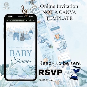 Può includere: Un invito digitale per baby shower visualizzato sullo schermo di uno smartphone, con illustrazioni ad acquerello blu di vestiti per neonati su un filo da bucato, un orsacchiotto e il testo A LITTLE BEAR IS ON THE LINE BABY Shower. Include RSVP.