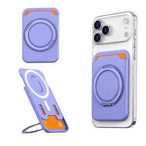 May include: A lavender phone accessory with an orange accent, featuring a circular design. The accessory is shown in multiple views, including attached to a phone, and with a built-in stand. The design includes a card holder.