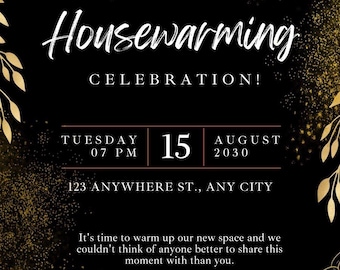 Elegant Gold Black Housewarming Invitation, Customizable Canva Template (Instant Download)
