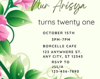 Pastel Green Floral Birthday Invitation Editable Canva Template Instant Download