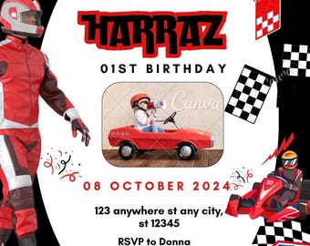 Race Car Birthday Invitation Template Editable Canva | Kids Racing Party Invite Printable Digital Download