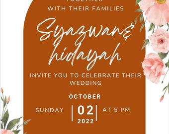 Orange Peach Floral Wedding Invitation Template, Romantic Elegant Canva Invite (Instant Download)