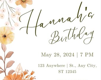 Cream Orange Floral Birthday Invitation Template | Editable Floral Invite (Digital Download)