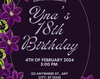 Purple Floral 18th Birthday Invitation, Elegant Canva Template (Instant Download)