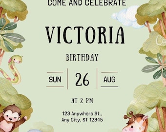 Jungle Birthday Invitation Template Editable Canva | Kids Safari Party Invite Printable Digital Download