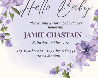Floral Purple Baby Shower Invitation, Elegant Baby Girl Invite (Canva Template)