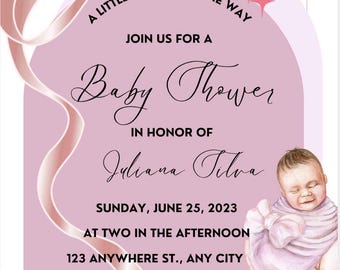 Pink Pastel Ribbon Baby Girl Shower Invitation, Editable Canva Template (Instant Download)