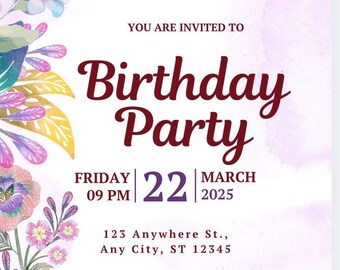 Pastel Purple Floral Birthday Invitation Template | Editable Canva Kids Party Invite (Digital Download)