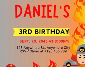Fire Truck Birthday Invitation Template Editable Canva | Kids Firefighter Party Invite Printable Digital Download