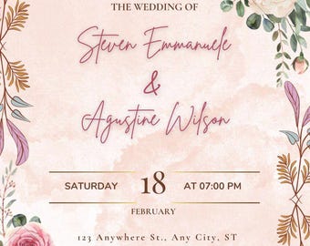 Editable Peach Floral Wedding Invitation Template, Blush Pink Romantic Invite (Digital Download)